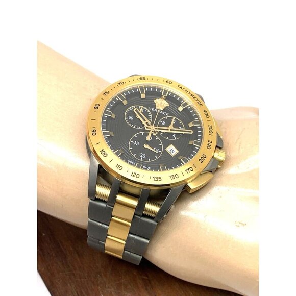 Versace Men's Watch VE3E00621 Swiss Quartz Chronograph Black Dial Gold Gray Band - Picture 5 of 14